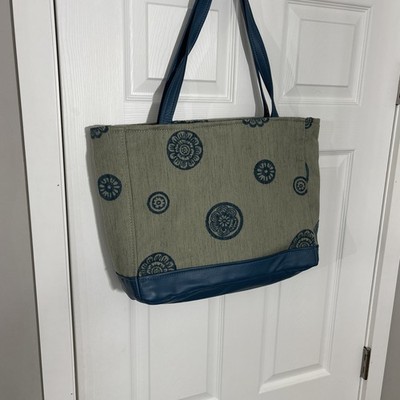 Medium Sized Tote Bag. Blue & Gray/Tan. 18 X 12 X 5. Shoulder Strap