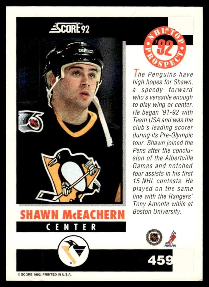 1992-93 Score Shawn McEachern #459 Pittsburgh Penguins - Image 2 of 2