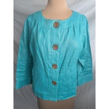 Vtg 90s Jacket Turquoise Glazed Linen Button Front Sz M Coastal Shimmer Office