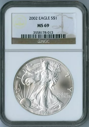 2002 AMERICAN EAGLE 1 oz SILVER Coin NGC MS69 MS 69 BROWN GOLD LABEL 