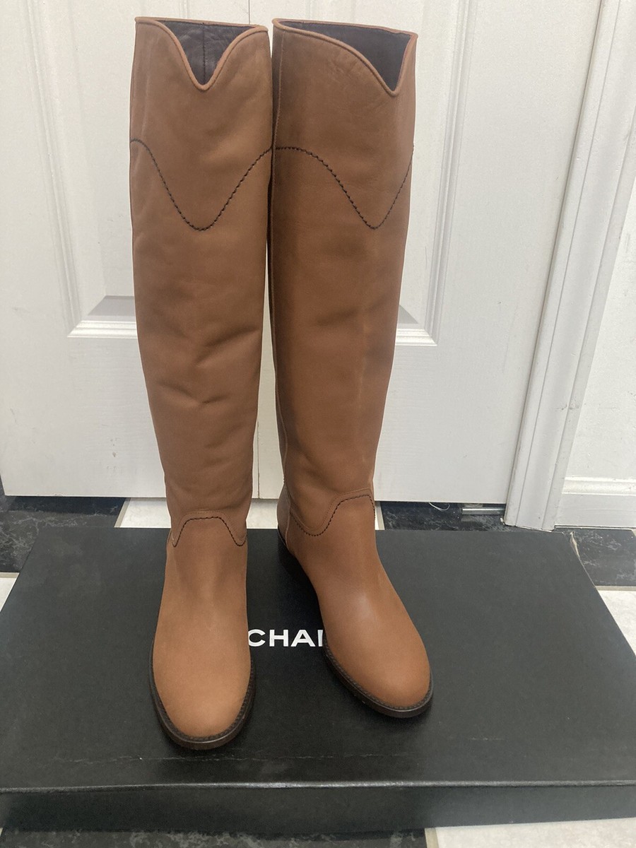 NIB 100% AUTH Chanel 15C Light Brown Calf Leather High Boots SZ 36