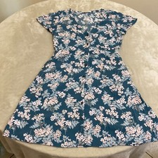 Loft Womens Blue Floral V Neck Short Sleeve Button Down Shirt Dress Size 2