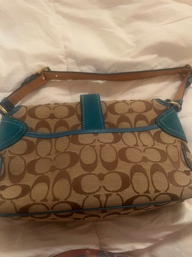 Coach Logo Shoulder Bag Teal & Gold Signature Kiss Lock Adj Strap K04U-1482 Rare - Picture 2 of 14
