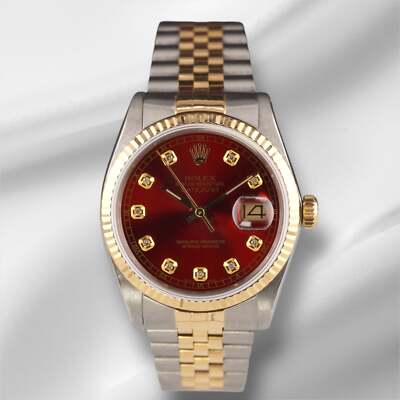 Rolex Datejust 36mm 18k Yellow Gold & Steel Fluted Red Diamond Dial Watch 16013