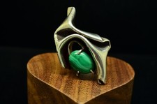925 Sterling Silver Green Malachite Solitaire Abstract Design Ring Band size 6
