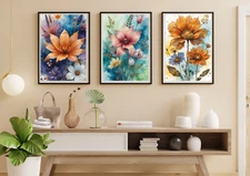 Set of 3 Flower Market Art Prints - Floral Wall Art Poster Collection A4
