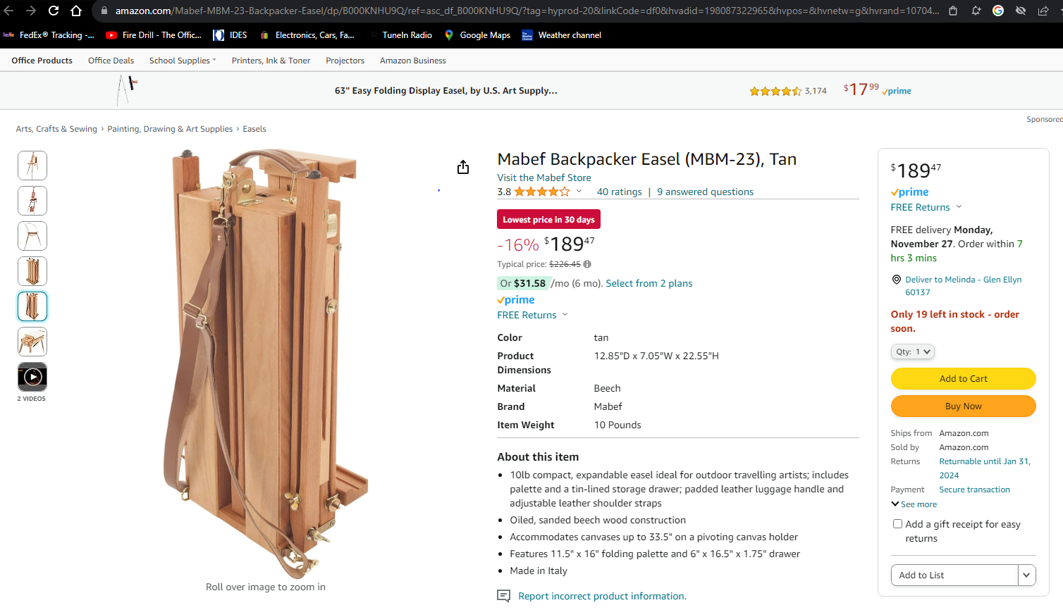 Mabef Folding Backpacker French Easel Plein Air Easel eBay