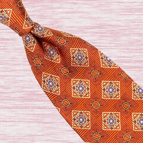 JoS. A. Bank Peach Tie - Peach Grey White Medallion Geometric Pattern 100% Silk - Picture 7 of 12