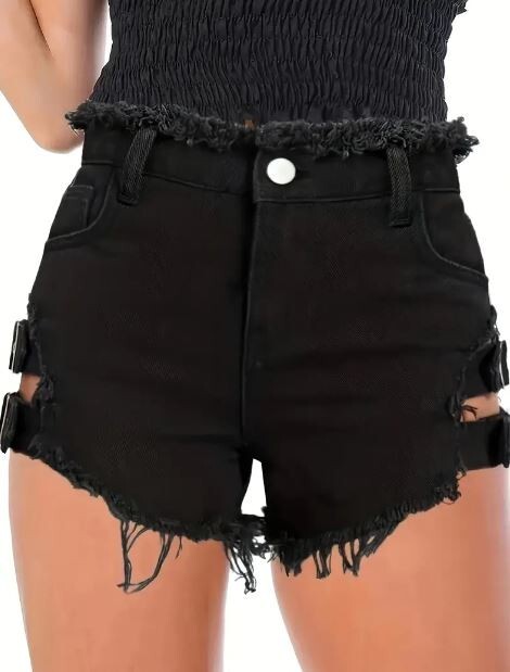 Undbranded Womens Denim Shorts Black High Waist Frayed