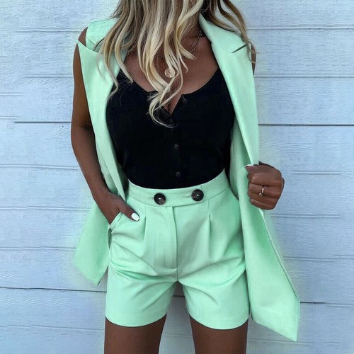 Women Ladies 2Pcs Blazer Suit Sleeveless Jacket Shorts Coat Hot Pant Ol Work Set - Picture 13 of 21