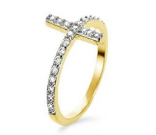 Diamond Cross Ring 10K Yellow Gold Sideways Religious Faith Cross Band .20ct