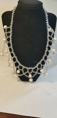 Vintage Genuine White Pearl Bib Necklace With Crystal  White Pearl & crystal bib necklace vintage . display picture 1