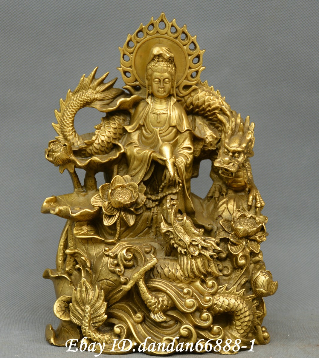 龍文堂　鋳物金塗　福よ　こい！！ China Buddhism old Bronze Station dragon Guanyin Kwan-yin