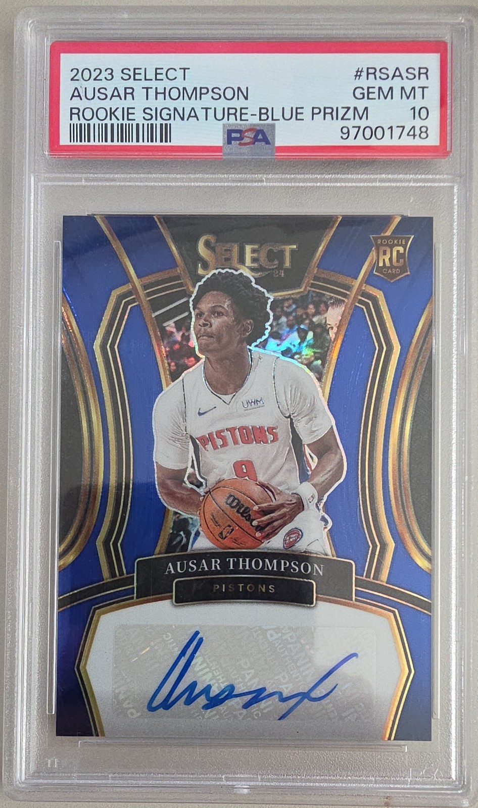 2023 PANINI SELECT AUSAR THOMPSON ROOKIE SIGNATURE BLUE PRIZM /49 AUTO RC PSA 10