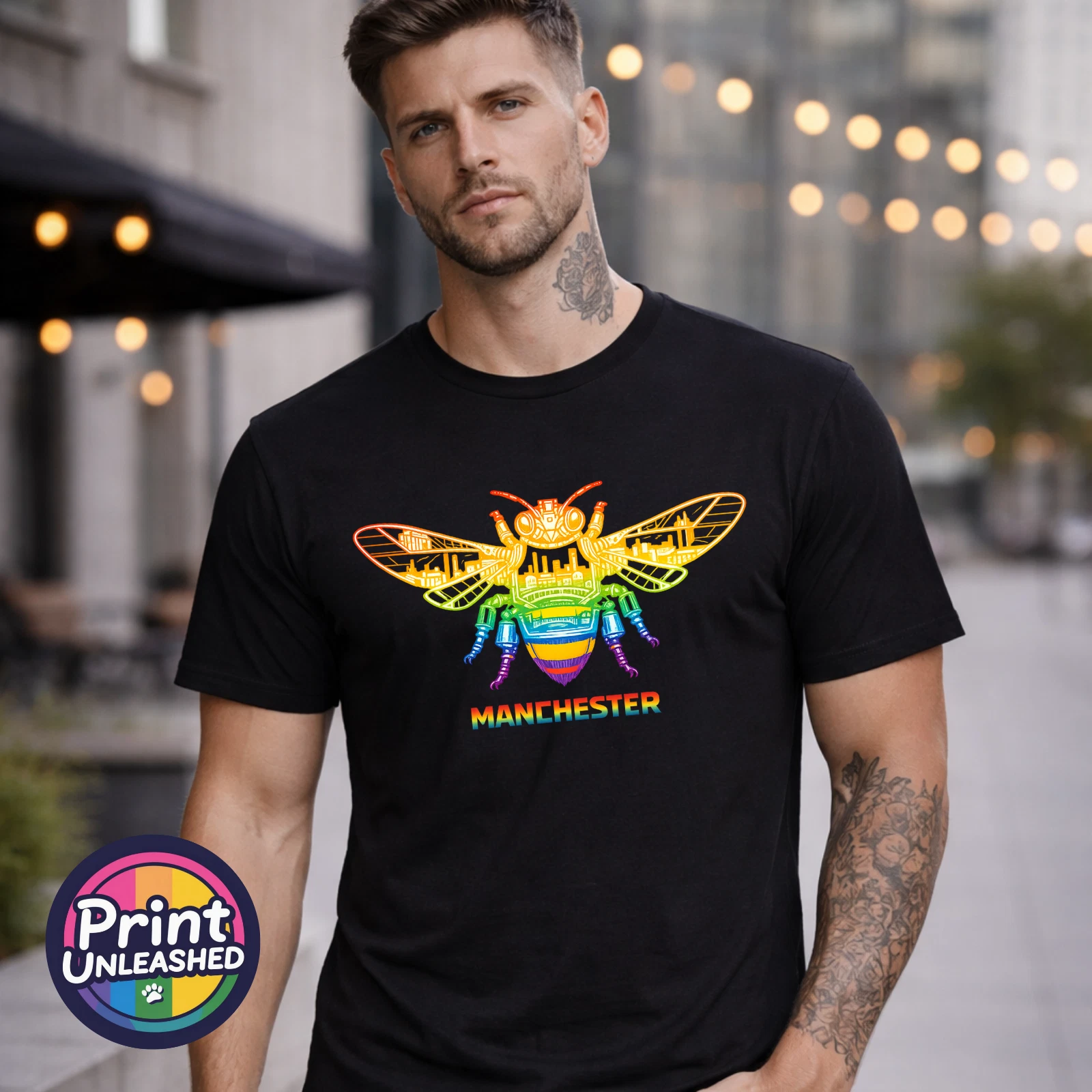 Man wearing a black t-shirt with a large multicoloured Manchester bee emblem on the front