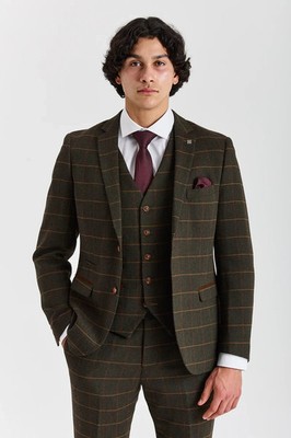 HERREN PAUL ANDREW HARRIS OLIV TAILLIERT PASSFORM KARIERT TWEED 3-TEILIG ANZUG 36-52