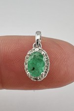 Designer 14k White Gold Oval Cut Emerald  Diamond Halo Pendant