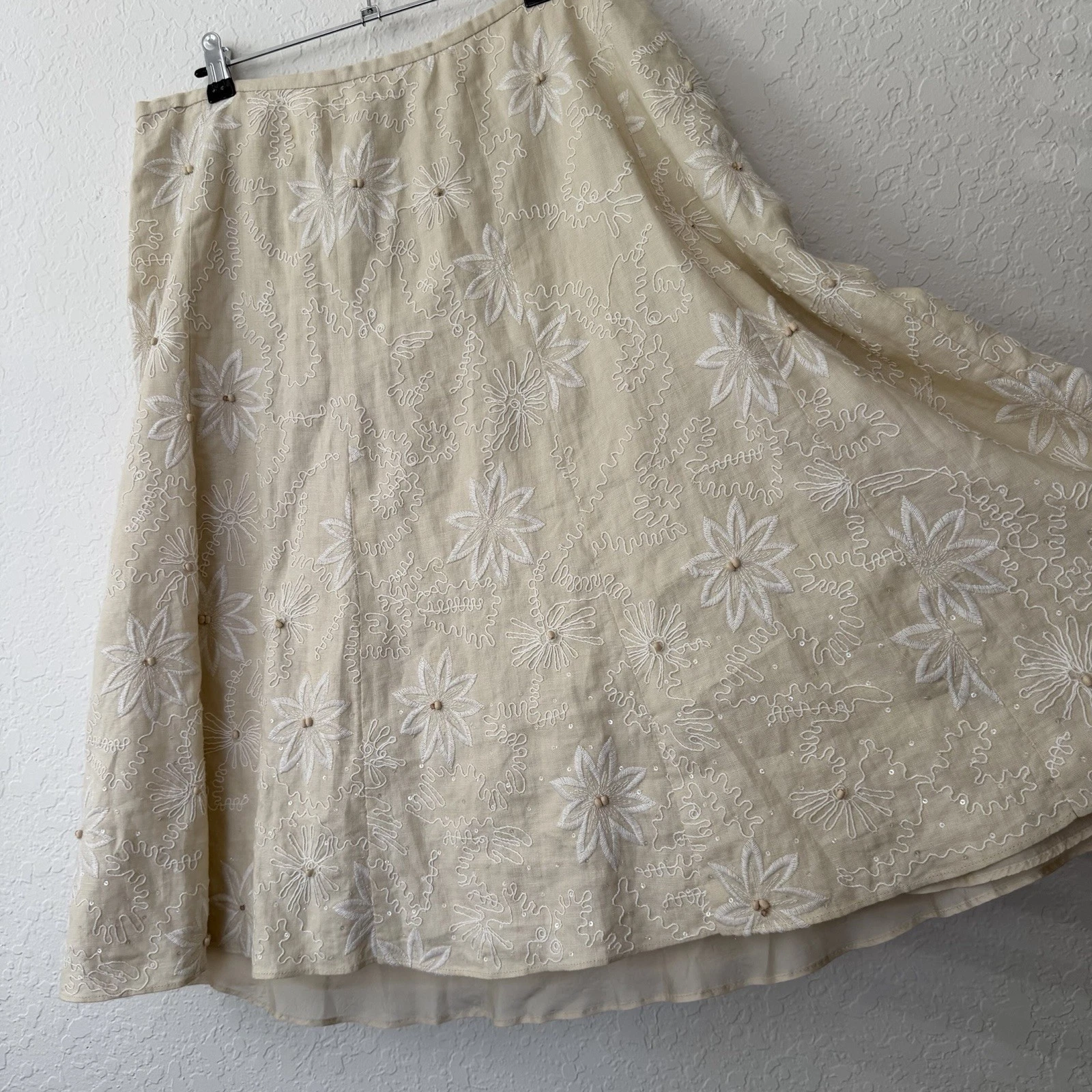 Lafayette 148 Skirt Size 16 100% Linen Embroidered Beaded Midi Euro Summer