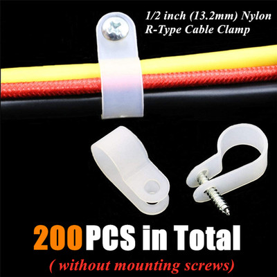 200PCS R-Type Clip Cable Fastener 1/2 inch Mounting Nylon White Wire Clamp