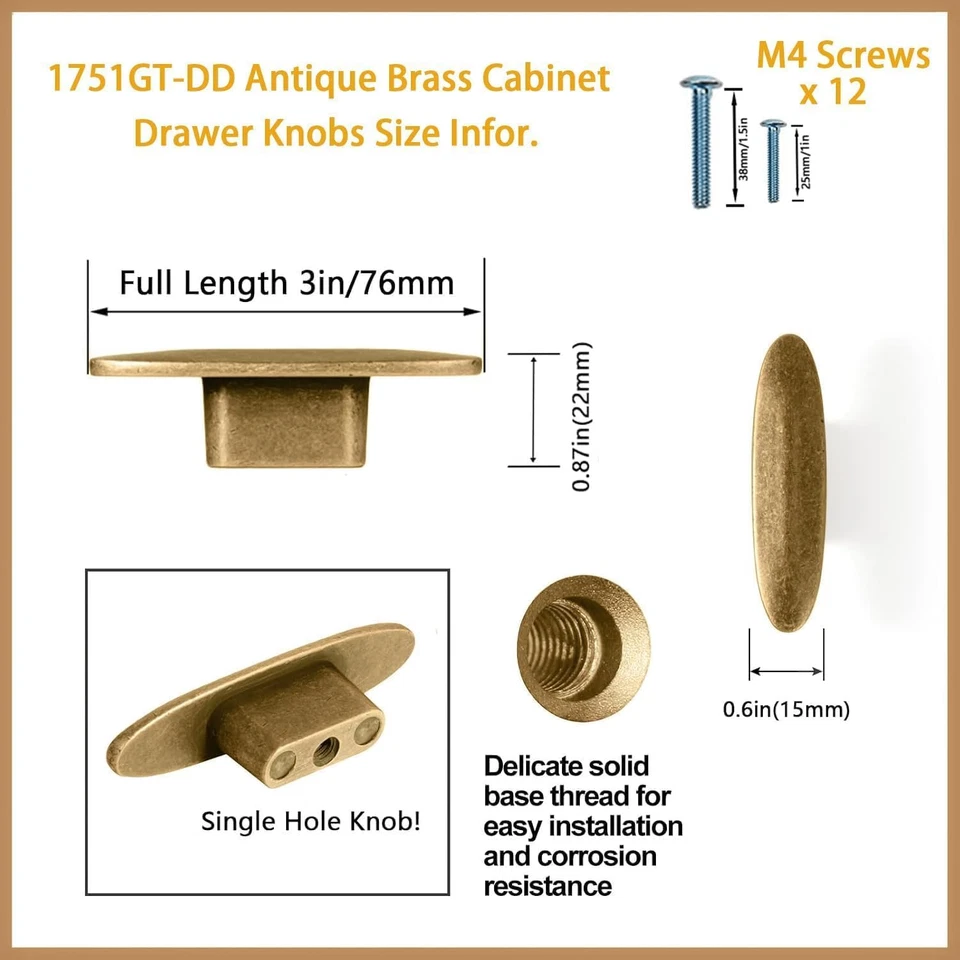 Большие овальные антикварные латунные ручки для выдвижных ящиков полной длины 3 дюйма упаковка 12 шт. - кухонный шкаф H - Изображение 4 из 4