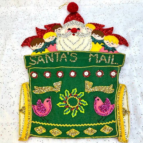 VTG Bucilla 1970's Completed Santa's Mail Felt Gift Holder Hanging Sequined 18"