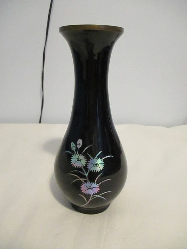 Vintage Black Lacquer Over Brass Vase Floral Mother of Pearl Inlay
