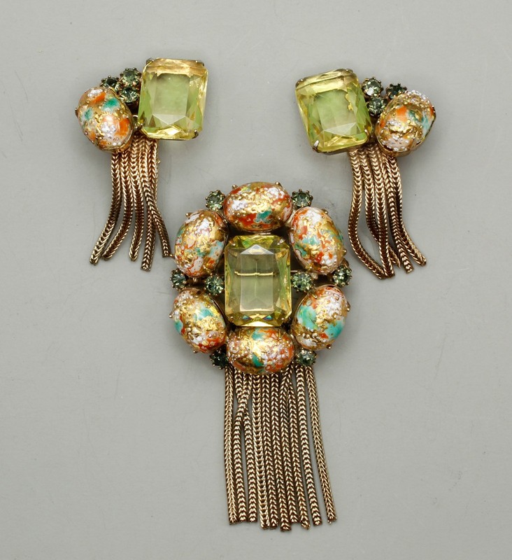 Easter Egg Cabochon & Citrine Glass with Fringe  Pin Brooch & Earrings