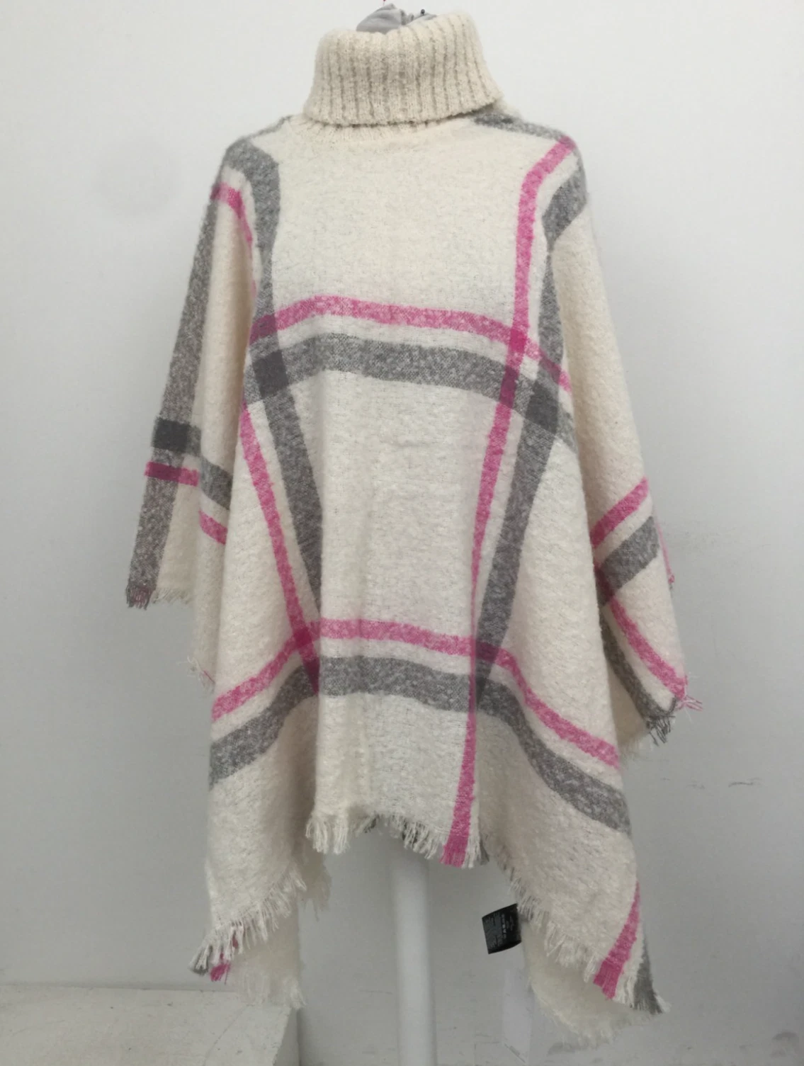 Lipsy London Women's Poncho One Size Ivory Pink Check Roll Neck Fringed Hem Used