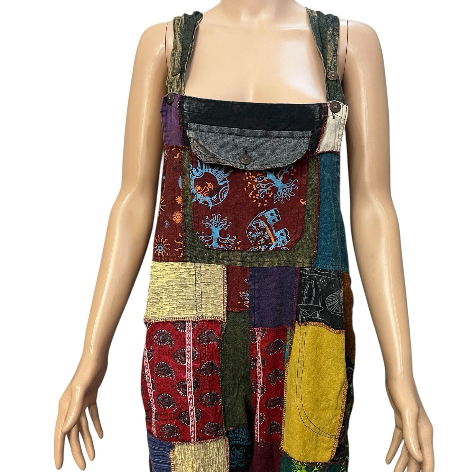 Rhea Boho Patchwork Overalls Small Straight Leg C… - image 2