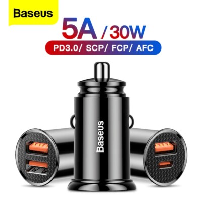 Baseus 30W 5A Quick Charge Fast USB Car Charger QC PD 4.0 3.0 Black