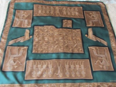 Ellen Tracy Silk Scarf Beige Green Egypt Artifacts History Egyptian Writing