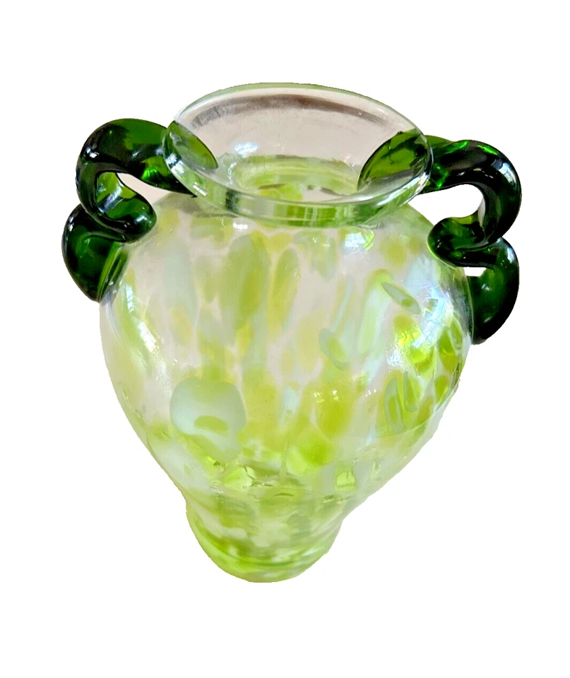 Jarrón soplado a mano verde blanco salpicaduras mangos aplicados 7" T Foto 2 de 4