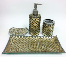 NEW 4 PC SET BRASS,GOLD TONE GLASS MOSAIC FISH SCALE SOAP DISPENSER,TRAY,DISH+1