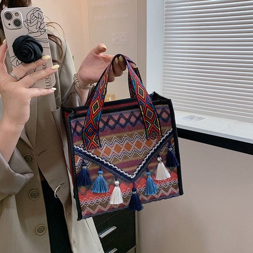 Large Capacity Canvas Tassel Tote Bag Embroidery Stripe Wrist Bag