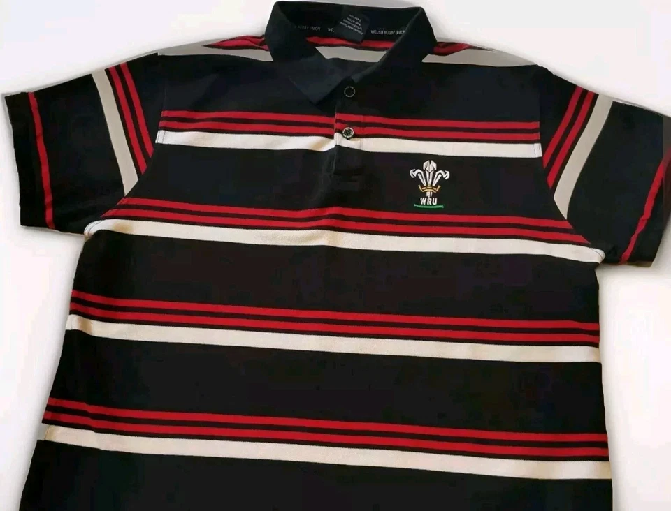 Welsh Rugby Union WRU Striped Logo Polo Shirt Men's large Black Red VGC - Image 2 of 4