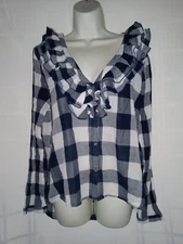 Melrose And Market Women's XL Shirt Black White Plaid Button-up Ruffled V-neck 
