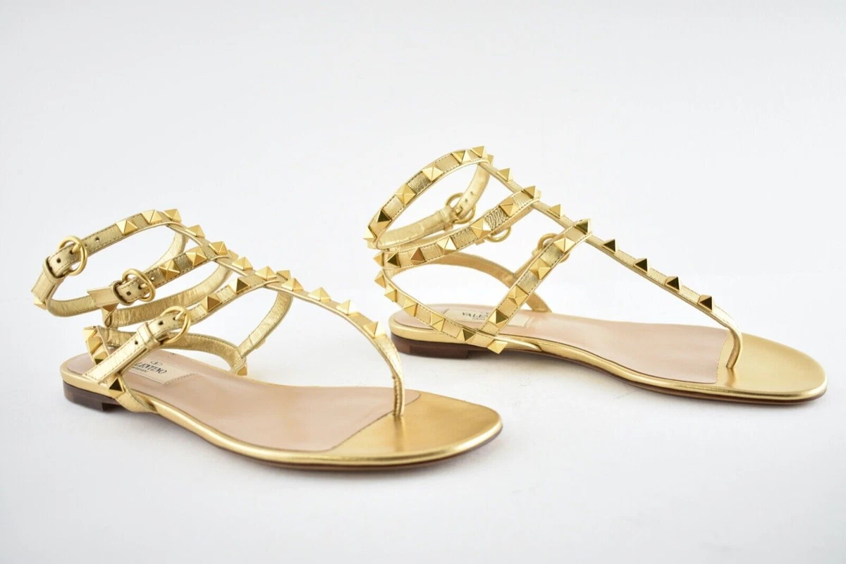 Valentino Rockstud KM5 Gold Leather Triple Ankle Strap Gladiator