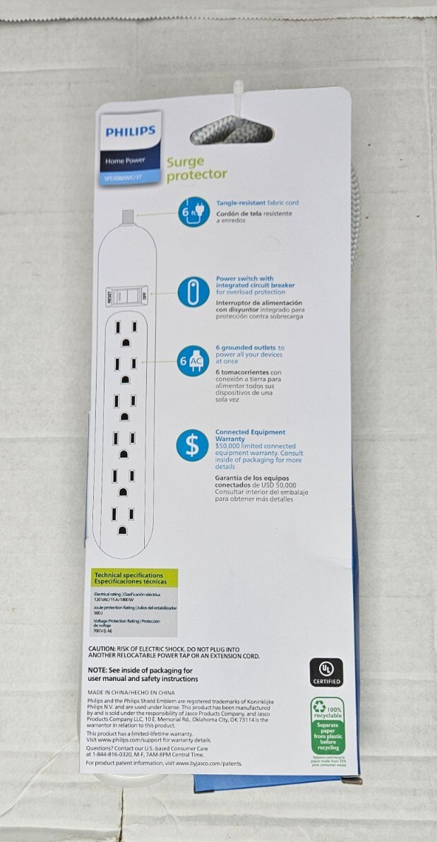Phillips 6 Foot 6 Outlet Power Strip Braided Cord Gray/White