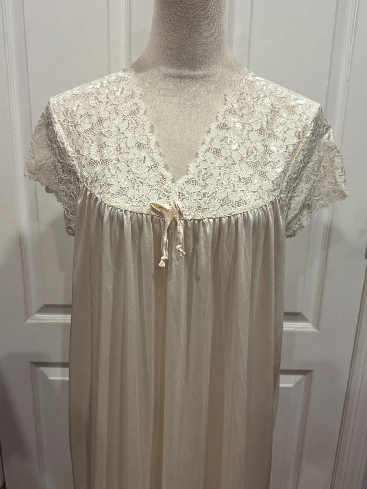 OFF WHITE Camicia da notte Wmn avorio panna bianco sporco seta manica corta scollo a V pizzo 3XL 49"Lx24"W