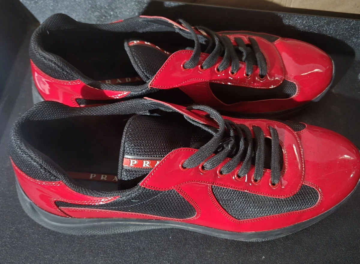 PRADA Size 11 Men\'s Red Black Low Top Lace Solid Pattern Athletic Sneakers W/Box Prada Sport Americas Cup Black Red Patent Leather Size UK8  main image 4