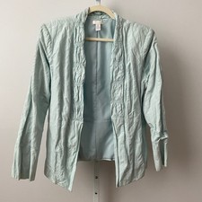 Chico's Cotton Lagenlook Office Siren Ruched Open Blazer Jacket 2 Light Blue