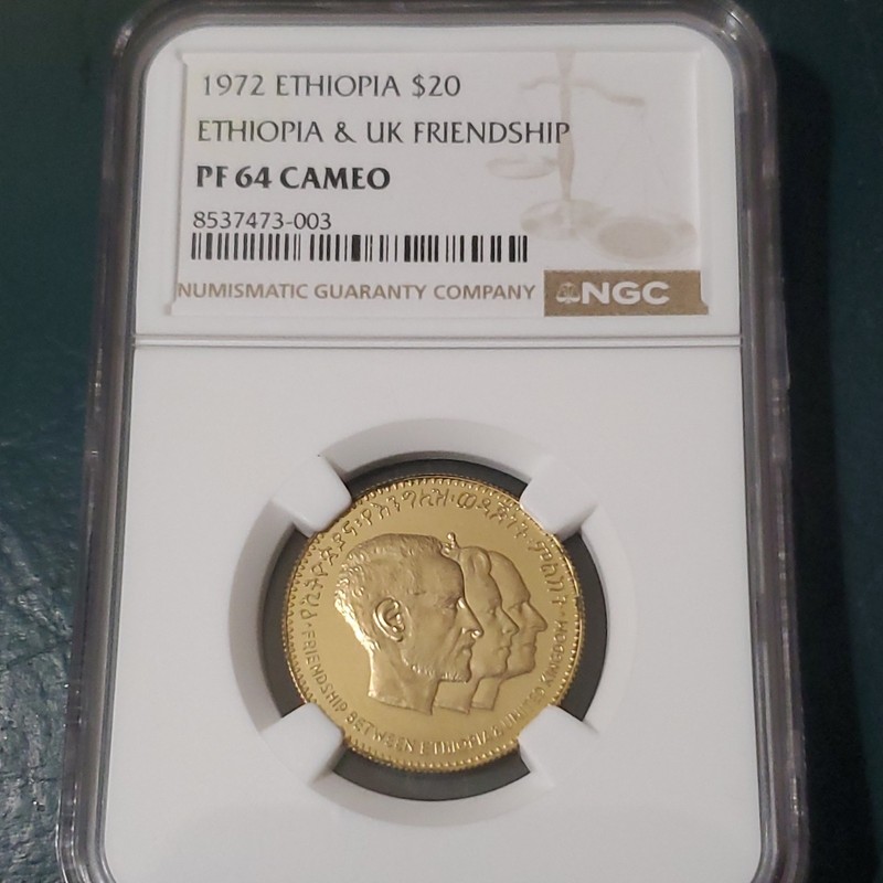 1972 Ethiopia & UK Friendship $20 Gold Coin NGC PF 64 Cameo Variety
