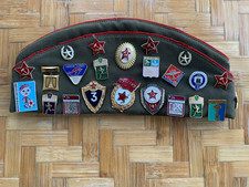Russian army military hat with patches and pin badges