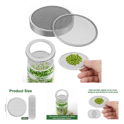 Stainless Steel Mason Jar Sprouting Lids 86mm Wide Mouth Mesh Filter Pack of 10