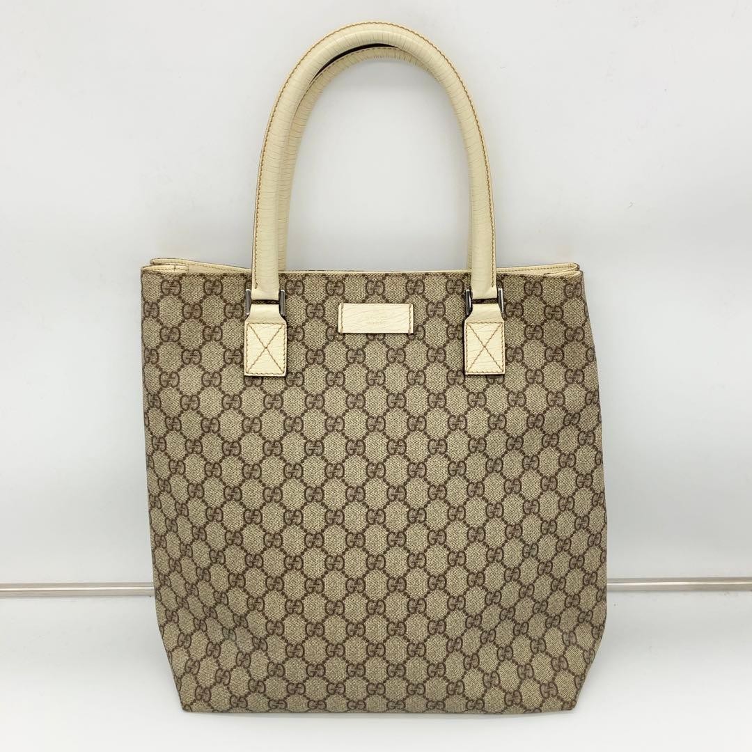 GUCCI GG Supreme Canvas Tote Bag Beige Leather Handle A4 Storage Pre-owned