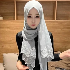 Arab Muslim Woman Long Wraps Hijab Shawl Embroidery Flower Chiffon Scarf Turban