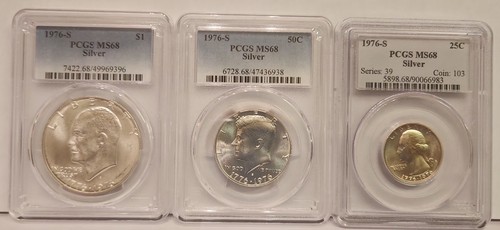1976 S 3 Coin Bicentennial Silver Set PCGS MS68 25c Washington-50c Kennedy-$1Ike