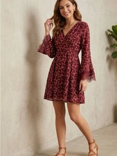 BONGO Maroon Floral Faux-Wrap Mini Dress Bell Sleeves Size:M