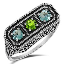 1CT Natural Peridot  Aquamarine 925 Sterling Silver Filigree Ring Sz 6