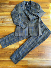 DALLAGO 2-Piece Wool Plaid Suit Gray/Blue Formal Single-Breasted Teens M
